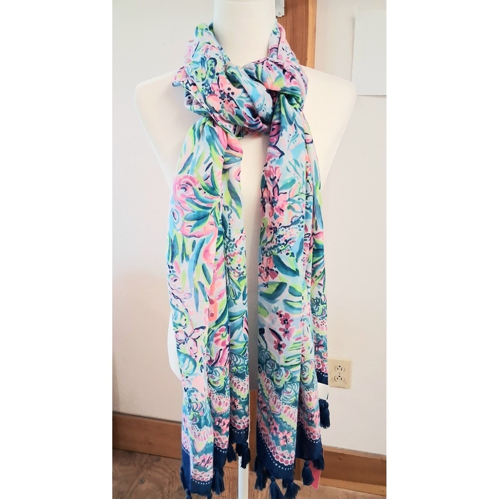 Lilly Pulitzer Resort Scarf Wrap Pink Green Blue Tassels 30 X80 NEW WITH TAGS